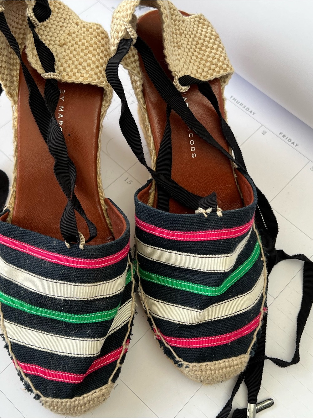 Marc Jacobs Black Striped Espadrille Wedges with Pink and Green Stripes - Picture 2 of 10
